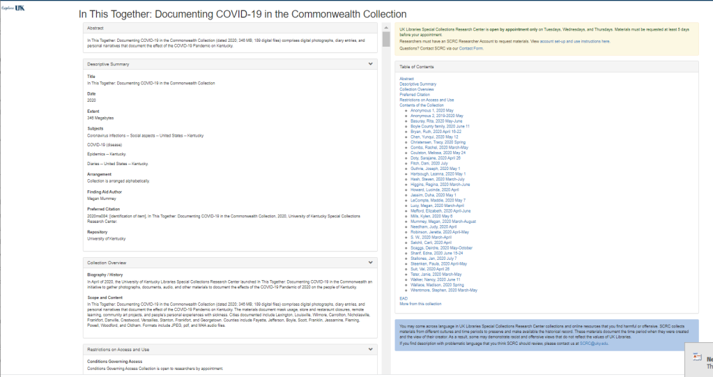 In This Together: Documenting COVID-19 in the Commonwealth finding aid